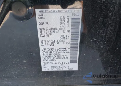 2016 Nissan Rogue Sl z USA, uszkodzony, nr VIN 5N1AT2MV1GC801392